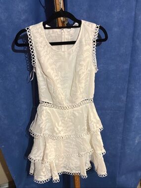 Ally Fashion White Sleeveless Lace Tiered Dress with Loop Trim